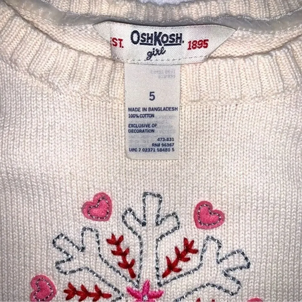 OshKosh Ivory Knit Snowflake Heart Applique Girl Pullover Puff Sleeve Sweater